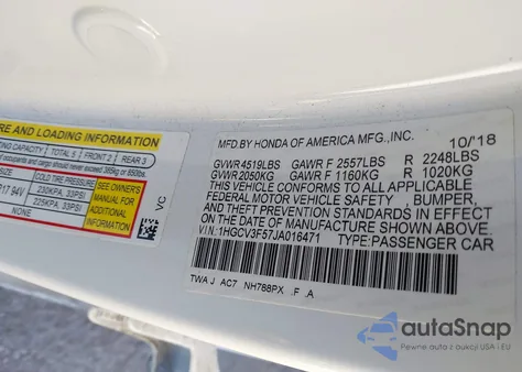 2018 Honda Accord Hybrid Ex-L from USA, damaged, VIN 1HGCV3F57JA016471